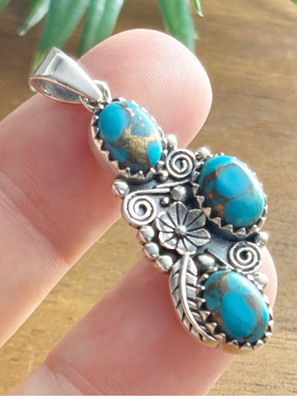Pure Sterling Silver 925 Genuine Kingman Blue Copper Turquoise Pendant New